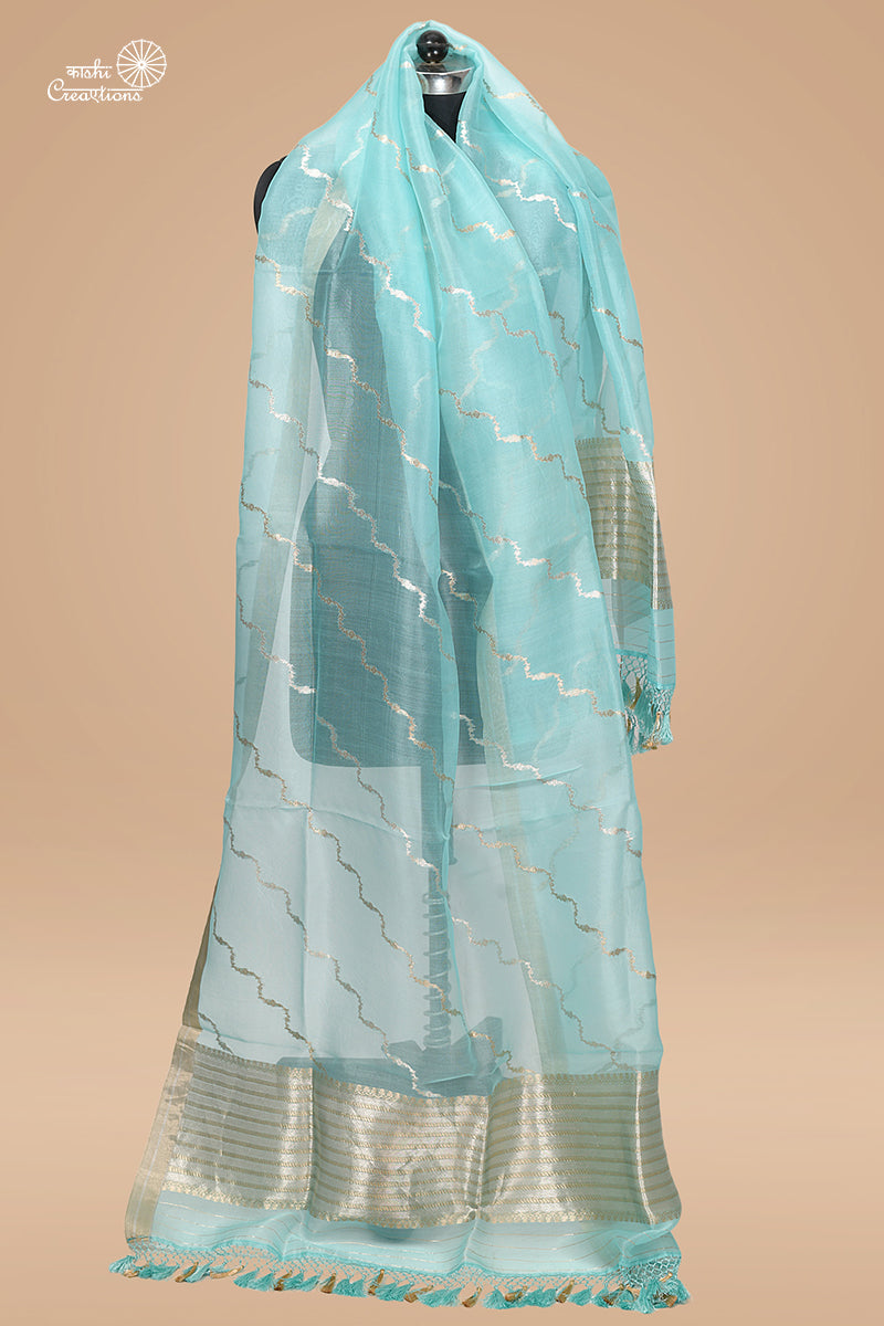 Sky Blue (Aasmani) Lehariya Bel Pure Kora Silk Handloom Banarasi Dupatta