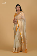 Load image into Gallery viewer, Off White and Mustard Yellow Shaded Pure Kora Silk Handwoven Banarasi Saree

