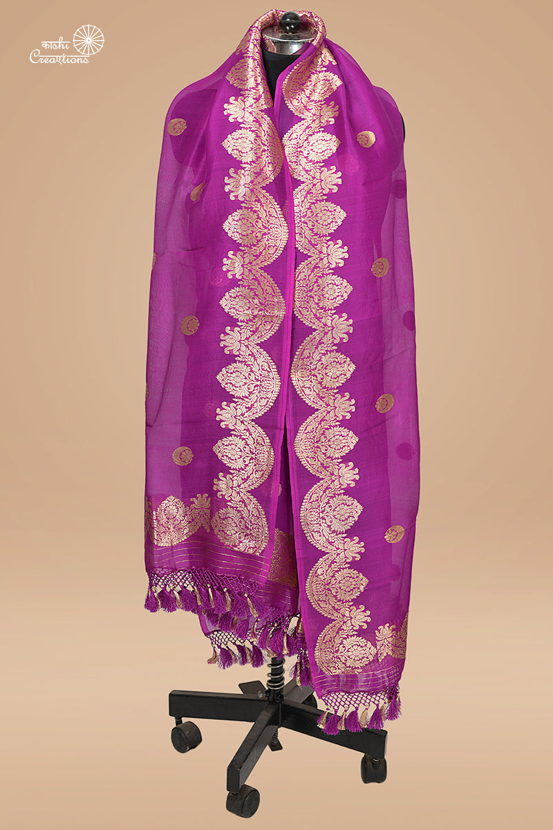 Purple Pure Kora Silk Handloom Banarasi Dupatta in Chandbali boota and Scallop Border