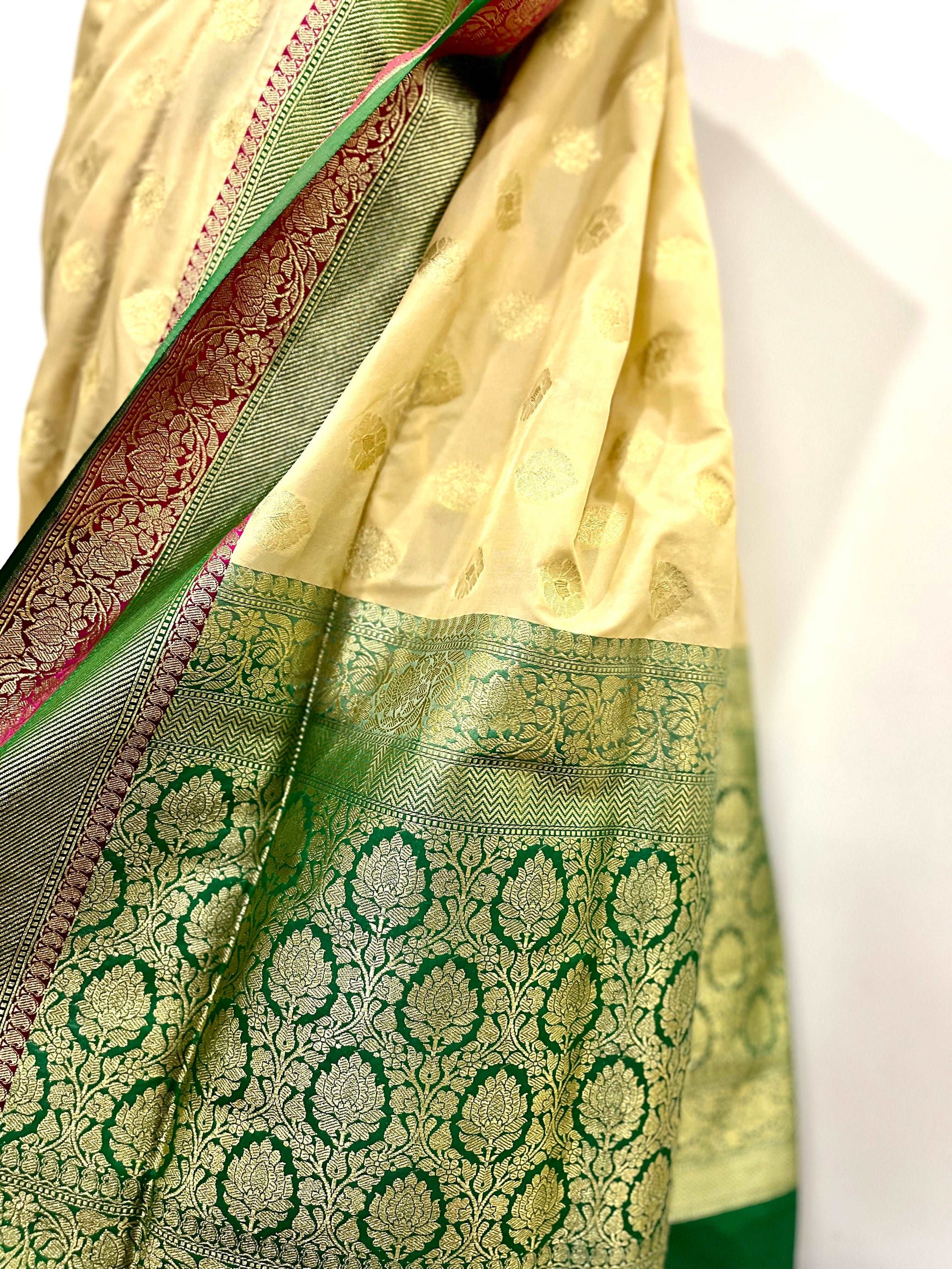 Cream and Green Pure Silk Handloom Banarasi Saree