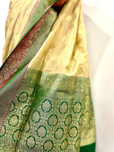 Load image into Gallery viewer, Cream and Green Pure Silk Handloom Banarasi Saree
