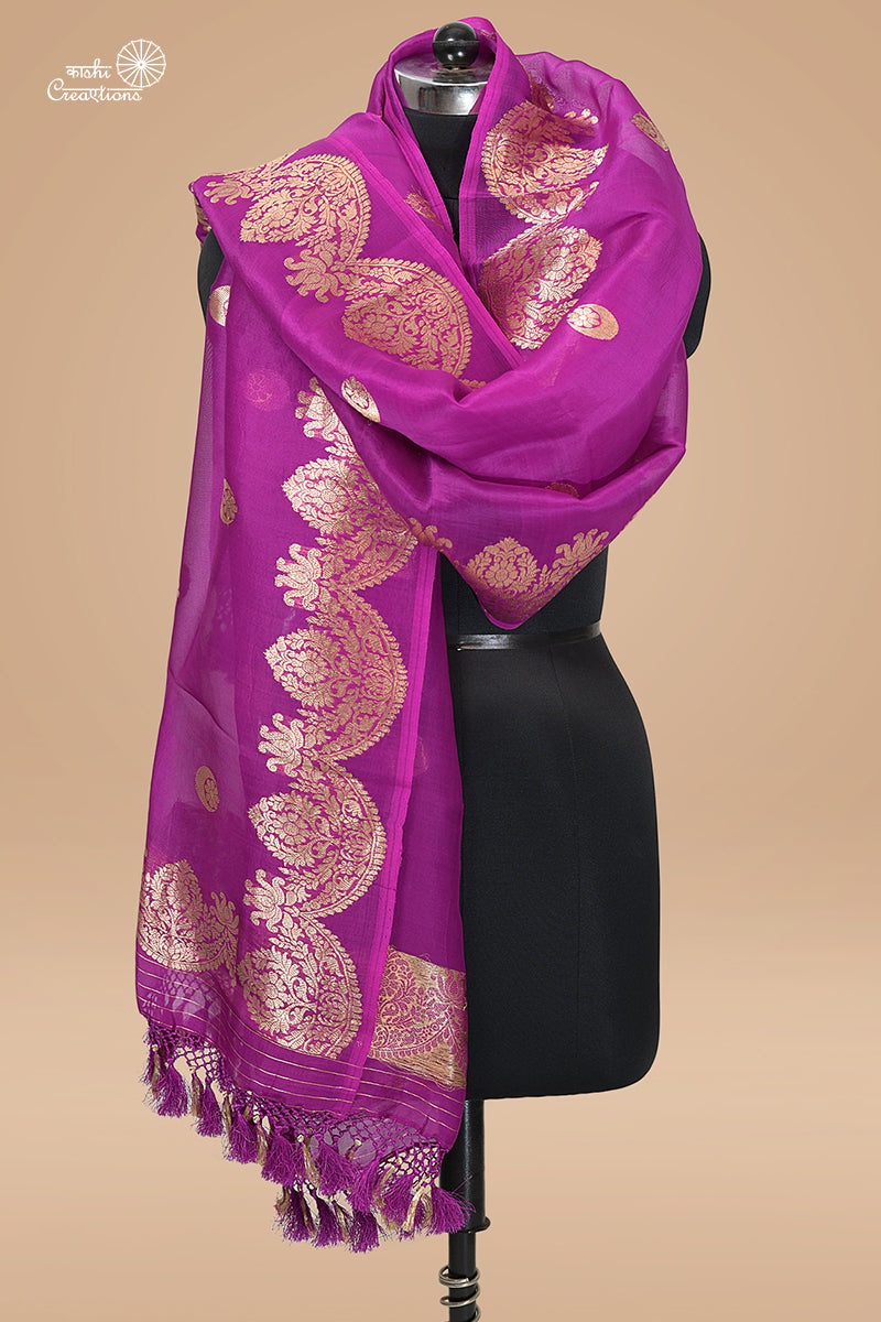 Purple Pure Kora Silk Handloom Banarasi Dupatta in Chandbali boota and Scallop Border