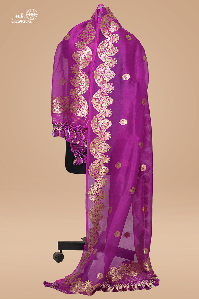 Purple Pure Kora Silk Handloom Banarasi Dupatta in Chandbali boota and Scallop Border