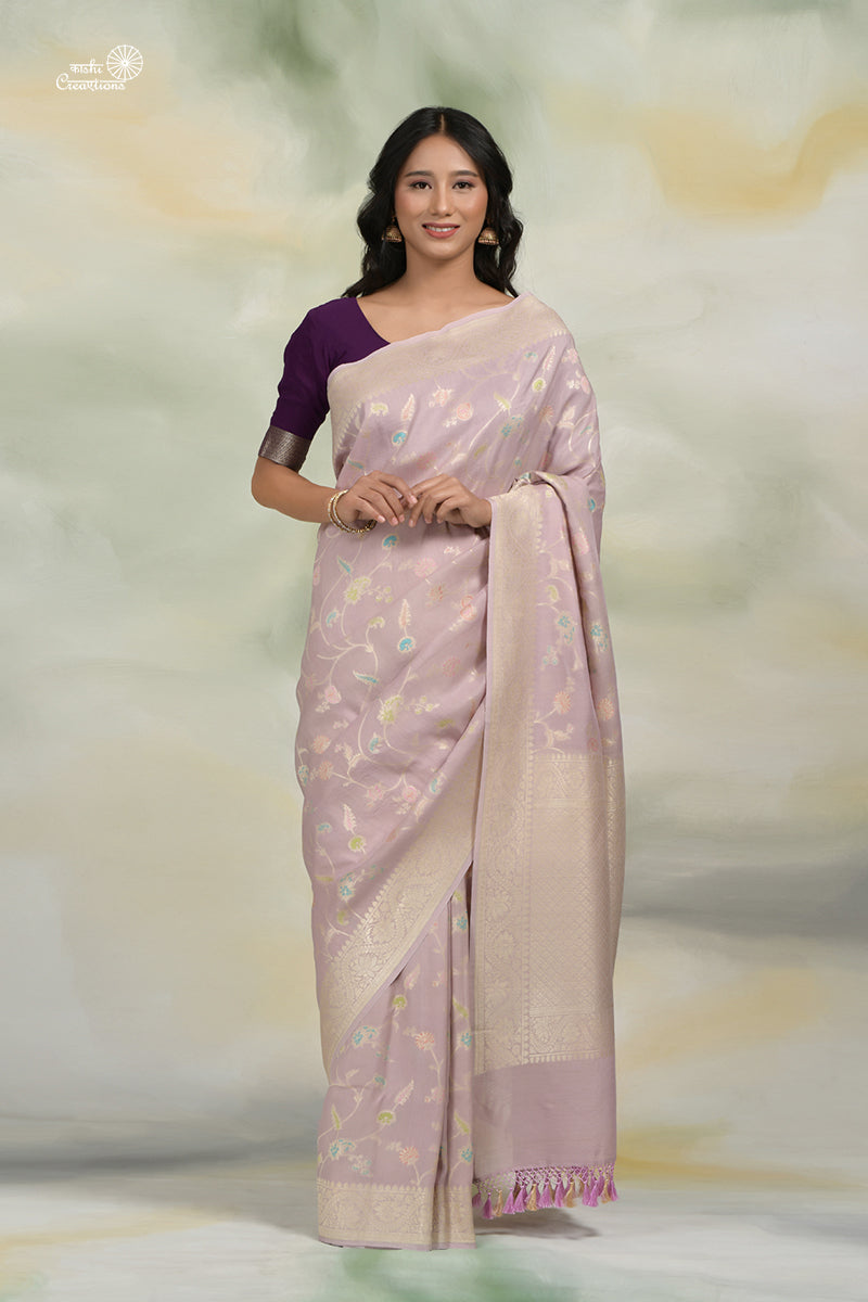 Lavender Pure Tussar Georgette Jungla Handloom Banarasi Saree with Meenakari