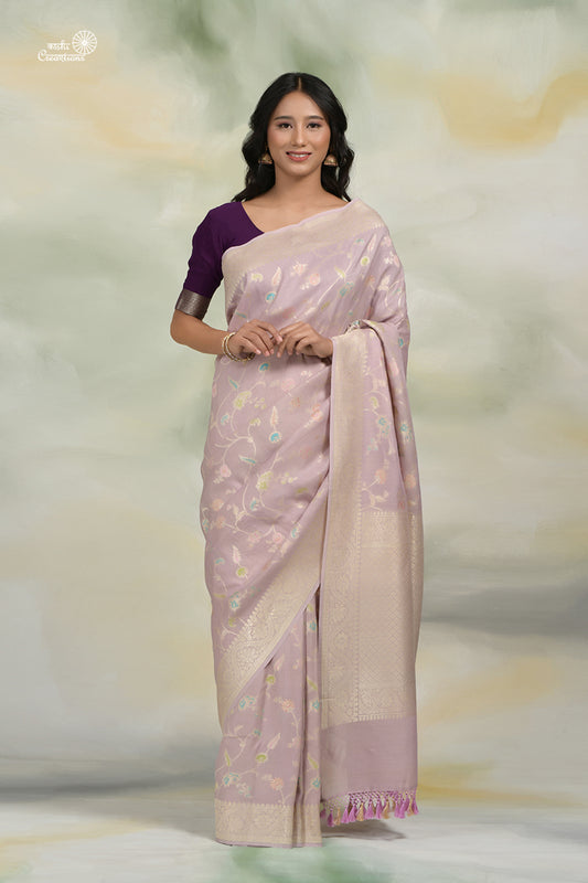 Lavender Pure Tussar Georgette Jungla Handloom Banarasi Saree with Meenakari