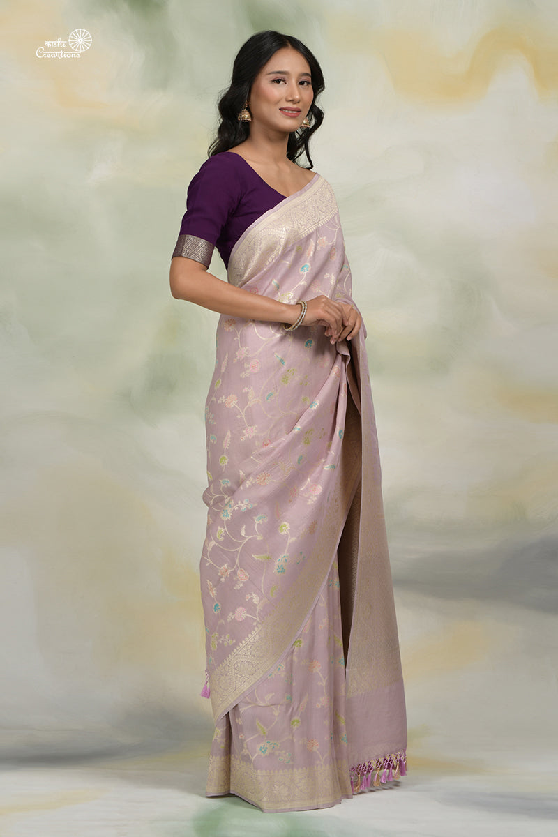 Lavender Pure Tussar Georgette Jungla Handloom Banarasi Saree with Meenakari