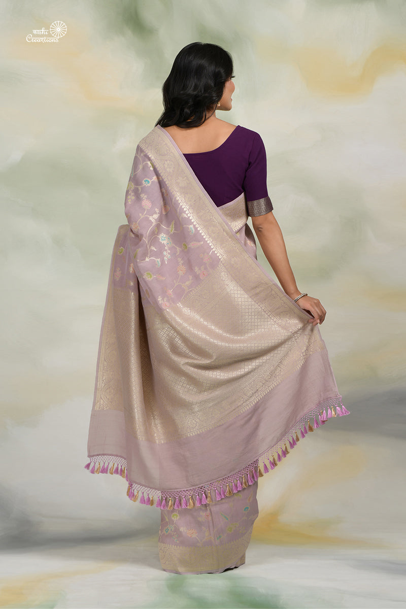 Lavender Pure Tussar Georgette Jungla Handloom Banarasi Saree with Meenakari