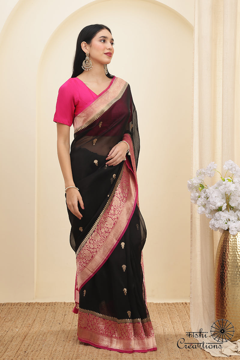 Black and Pink Pure Kora Silk Handloom Banarasi Saree