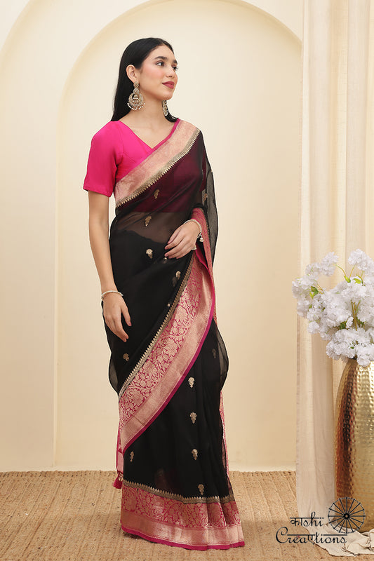 Black and Pink Pure Kora Silk Handloom Banarasi Saree