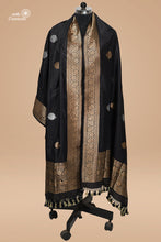 Load image into Gallery viewer, Black Pure Katan Silk Handloom Banarasi Dupatta in Roopa Sona Zari
