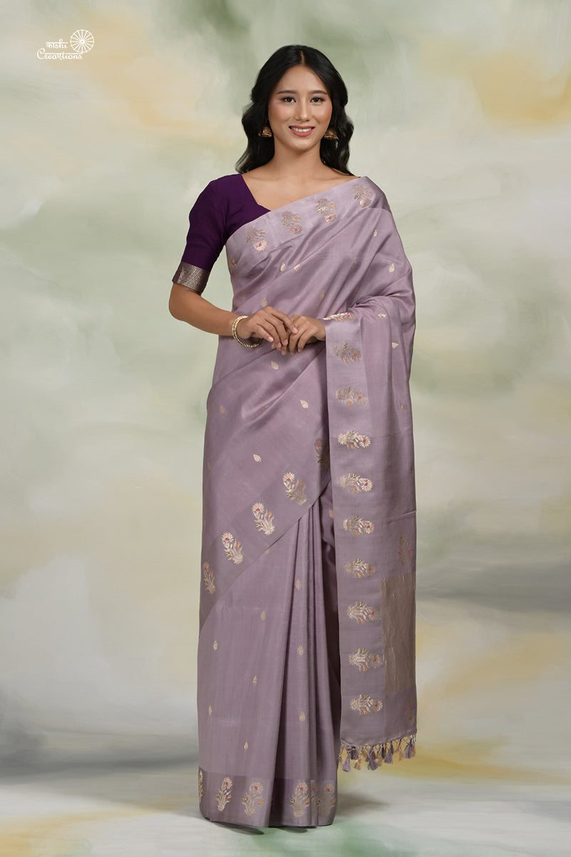 Lavender Pure Katan Silk Handloom Banarasi Saree with Satin Border with Meenakari