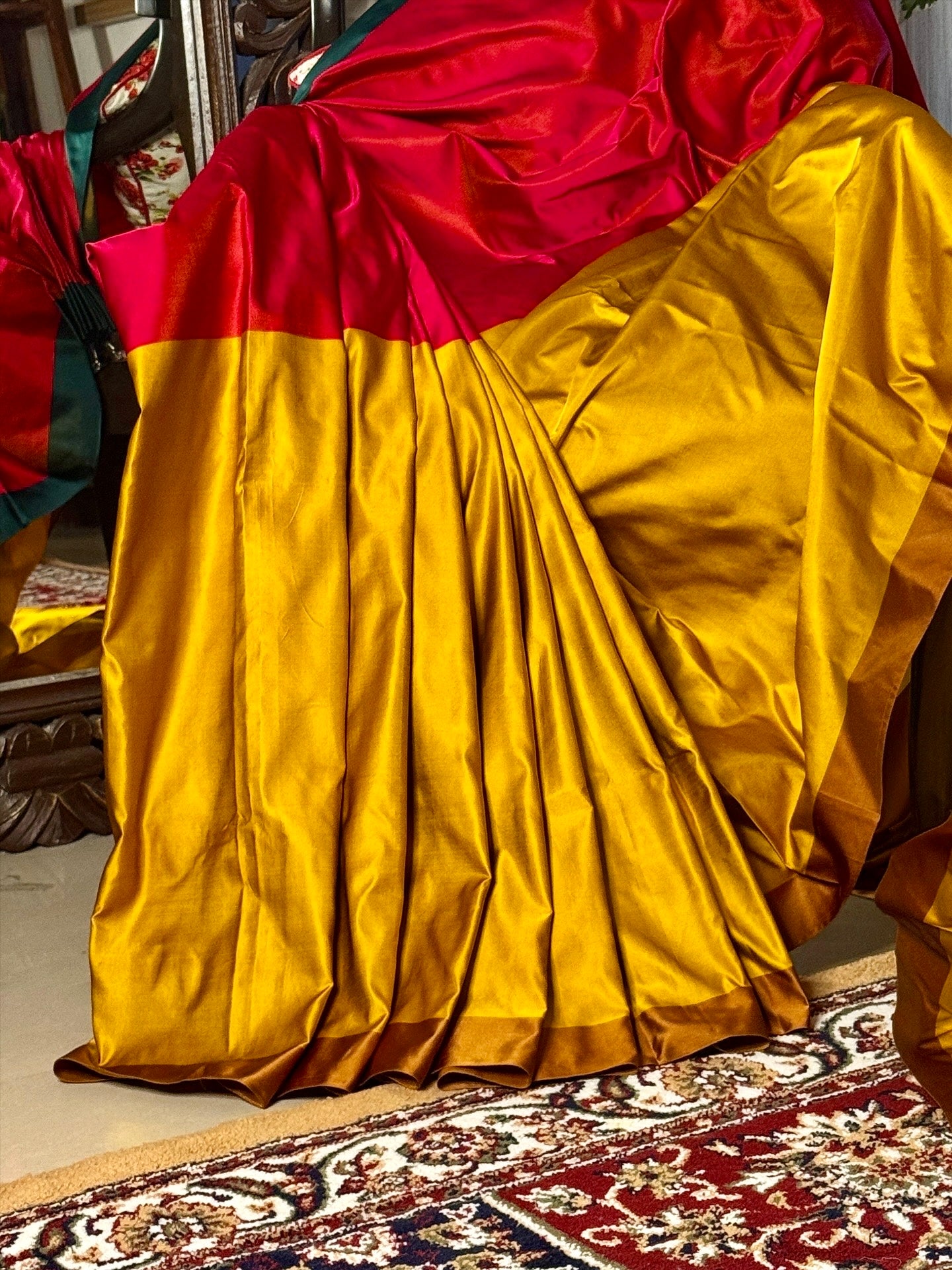 Red and Mustard Yellow Pure Satin Silk Handloom  Banarasi Saree