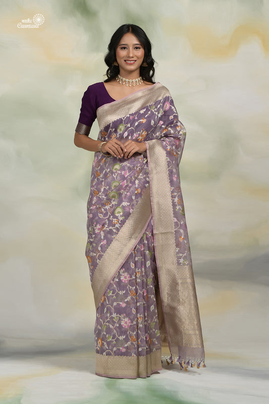 Lavender Pure Kora Silk Jamdani Handloom Banarasi Saree