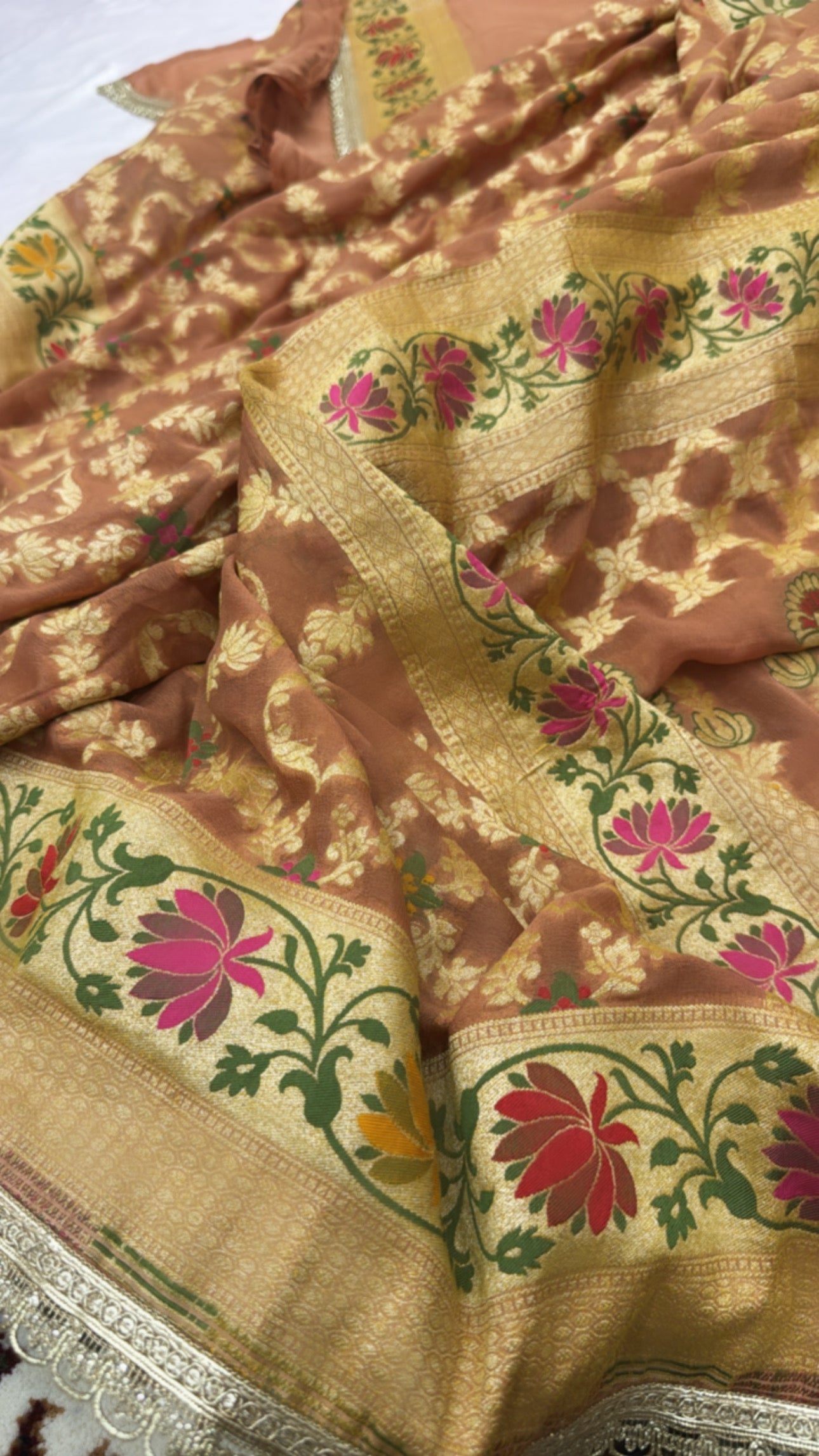 Light Brown  Pure Khaddi Georgette Handloom Banarasi Saree