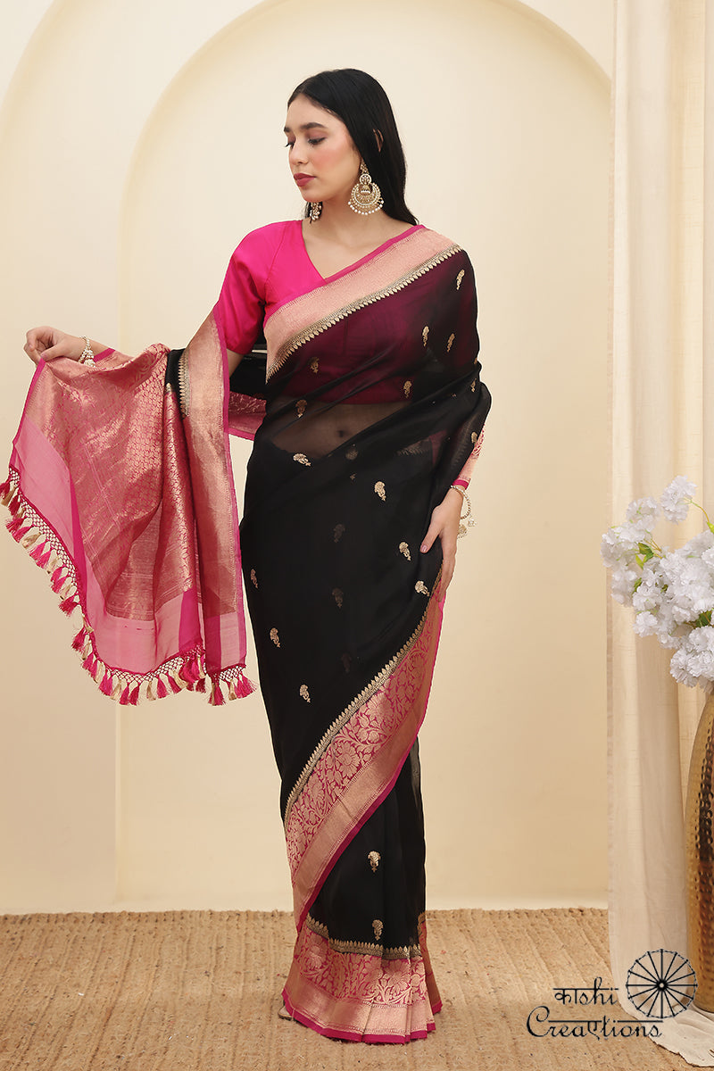 Black and Pink Pure Kora Silk Handloom Banarasi Saree