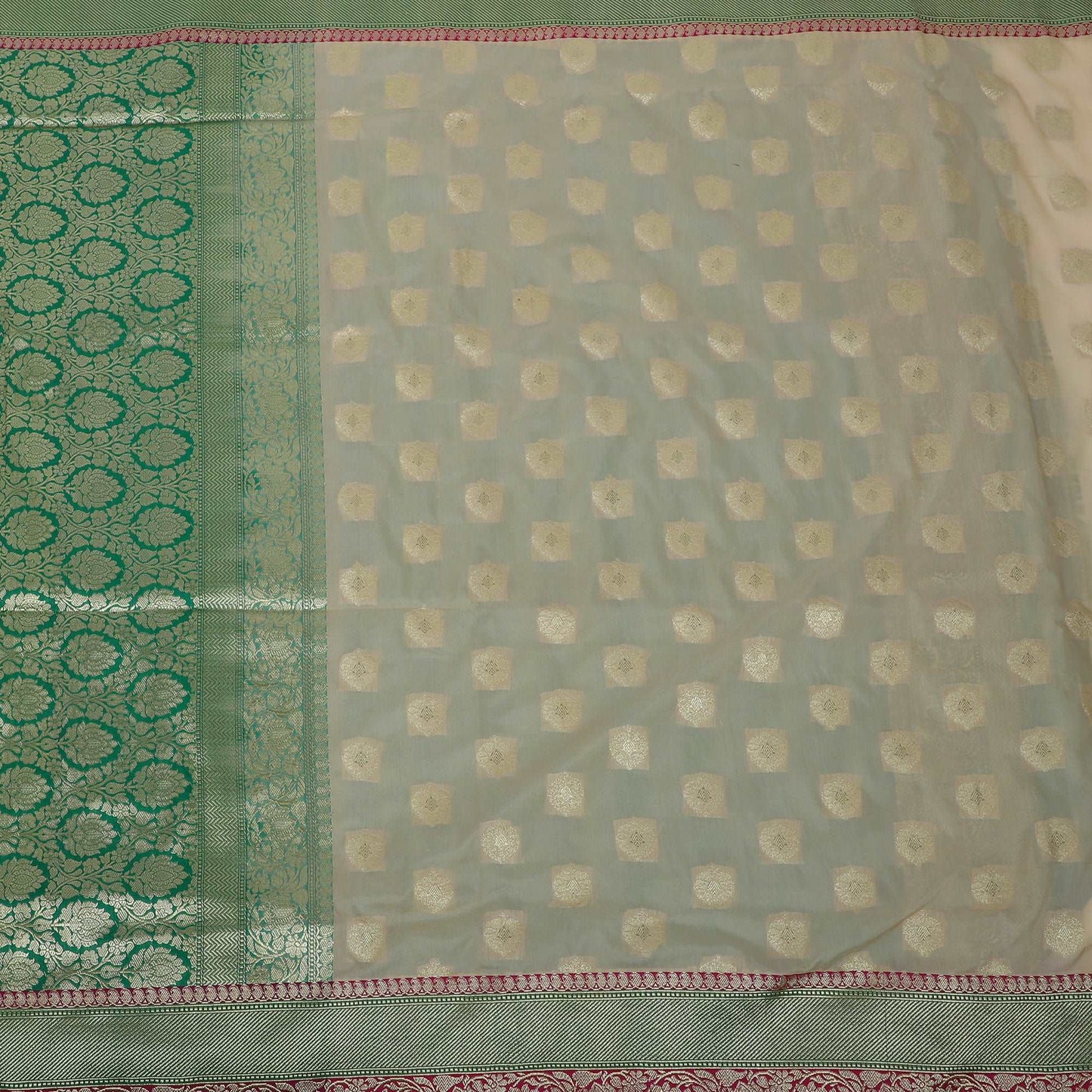 Cream and Green Pure Silk Handloom Banarasi Saree