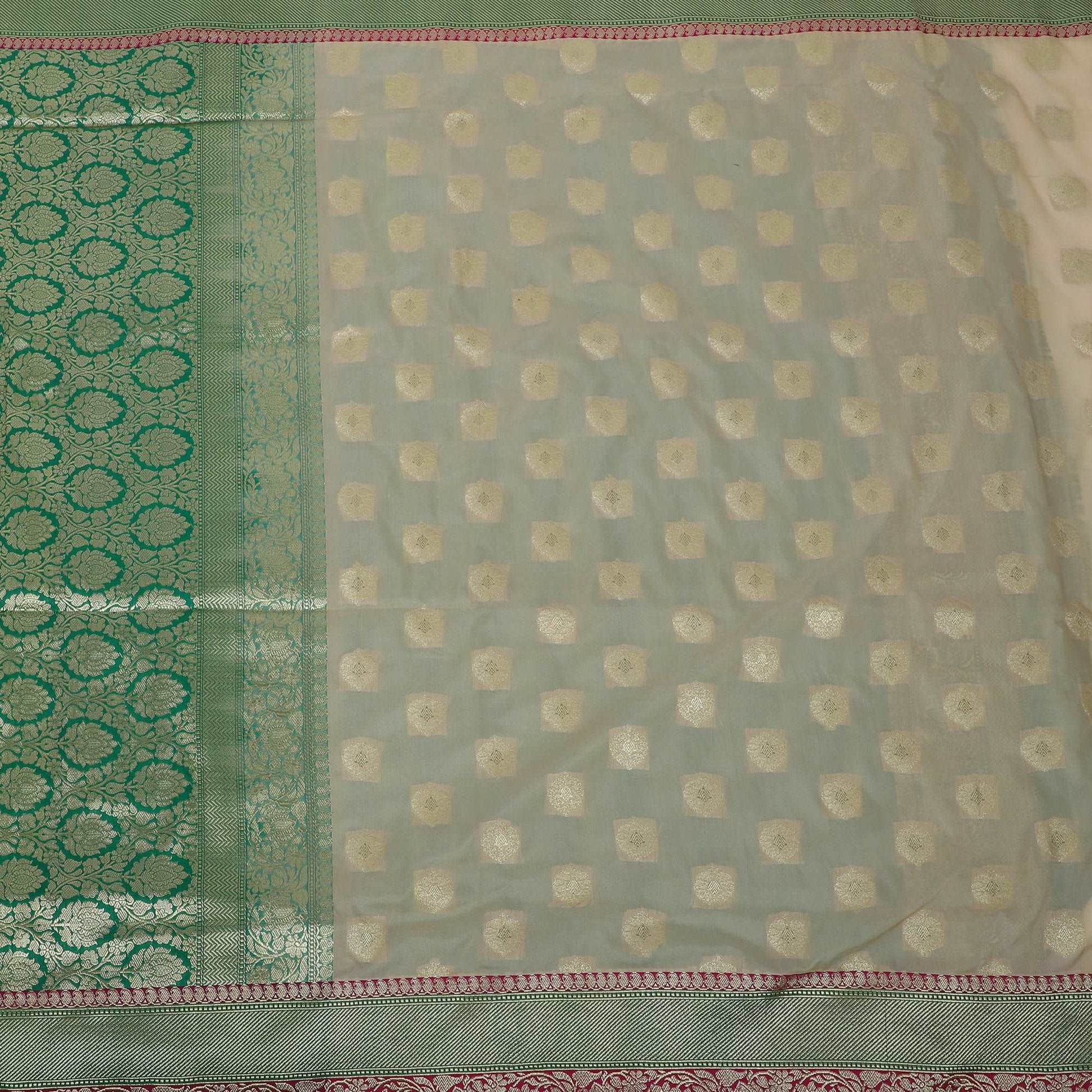 Cream and Green Pure Silk Handloom Banarasi Saree