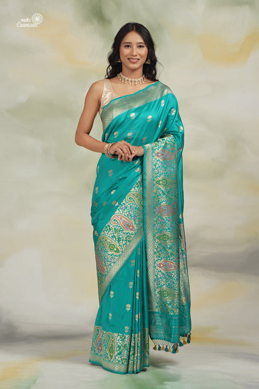 Vintage Aquamarine Pure Katan Silk Handloom Banarasi Paithani Saree with Meenakari