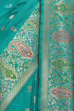 Load image into Gallery viewer, Vintage Aquamarine Pure Katan Silk Handloom Banarasi Paithani Saree with Meenakari
