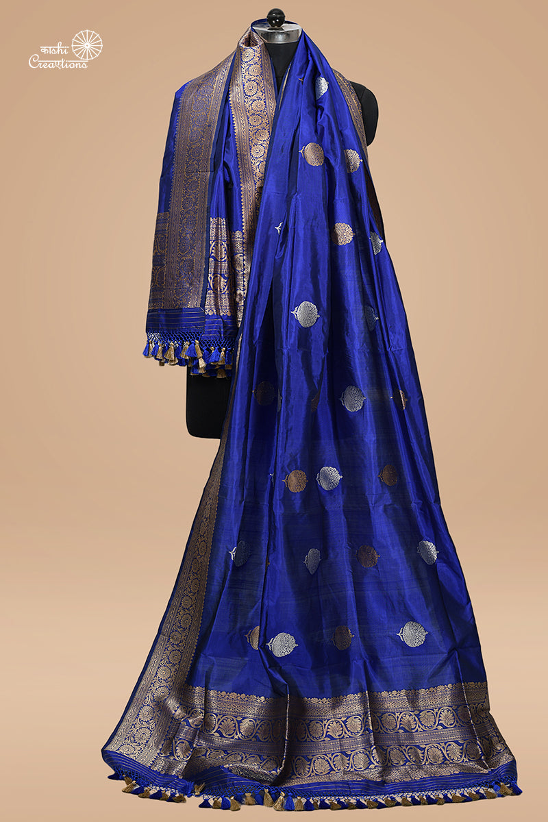 Royal Blue Pure Katan Silk Handloom Dupatta in Roopa Sona Zari