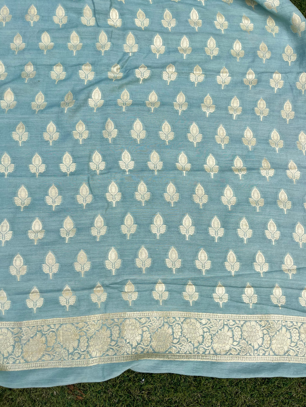 Powder Blue Pure Munga Silk Handwoven Banarasi Suit Set