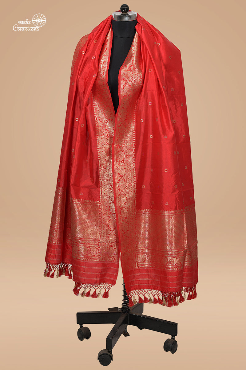 Red Pure Katan Silk Handloom Banarasi Dupatta