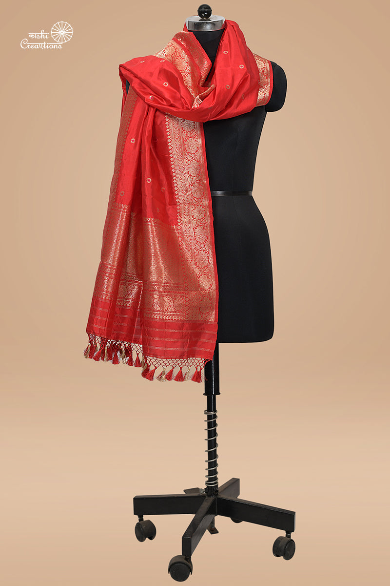 Red Pure Katan Silk Handloom Banarasi Dupatta