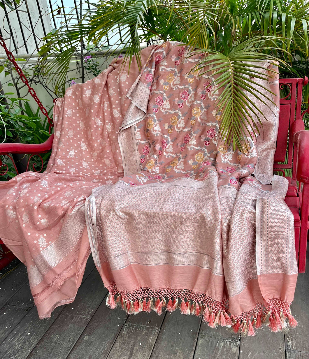 Dusty Rose Pure Munga Silk Handwoven Banarasi Cutwork Suit Set