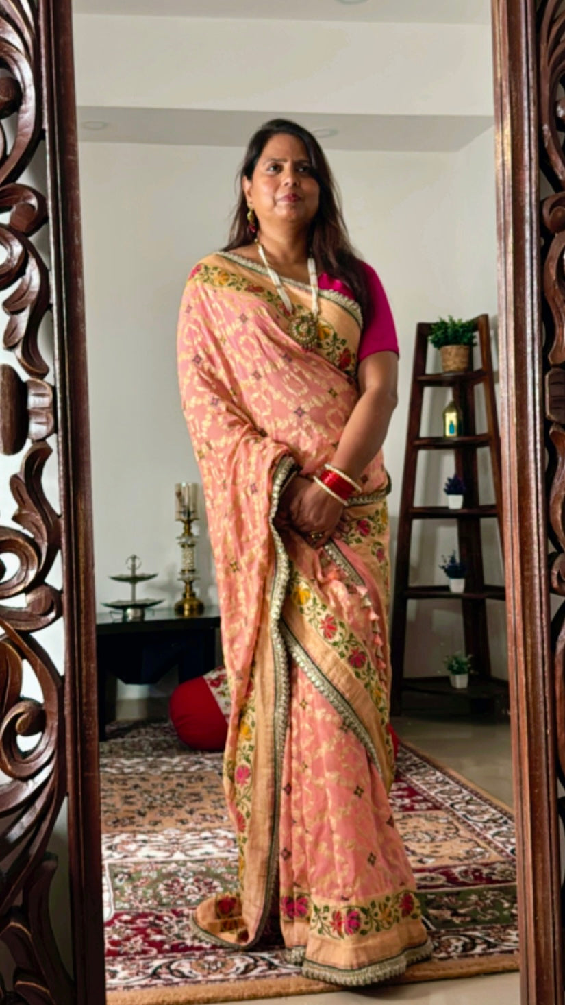 Peach Pure Khaddi Georgette Handloom Banarasi Saree