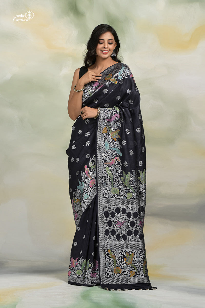 Black Pure Tussar Georgettte Handloom Banarasi Saree with Paithani Border with Meenakari