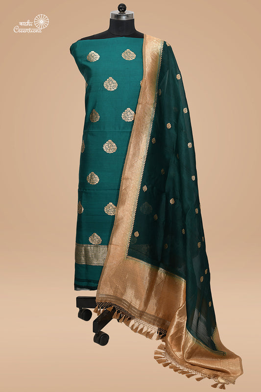 Peacock Blue Pure Chinya Silk Suit with Pure Kora Silk Dupatta