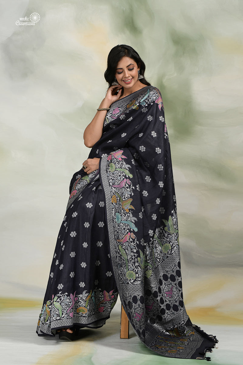 Black Pure Tussar Georgettte Handloom Banarasi Saree with Paithani Border with Meenakari