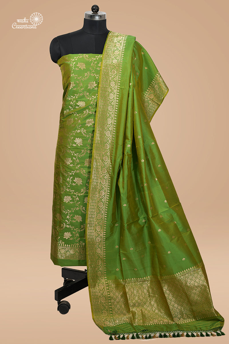 Bright Green Pure Katan Silk Jungla Handloom Banarasi Suit Set