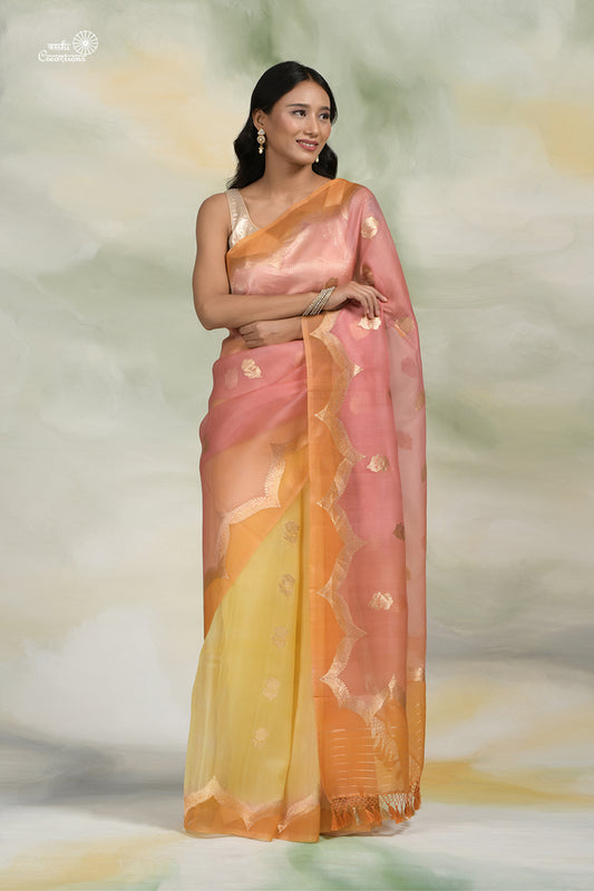 Peach, Yellow and Pink Shaded Pure Kora Silk Handloom Banarasi Saree