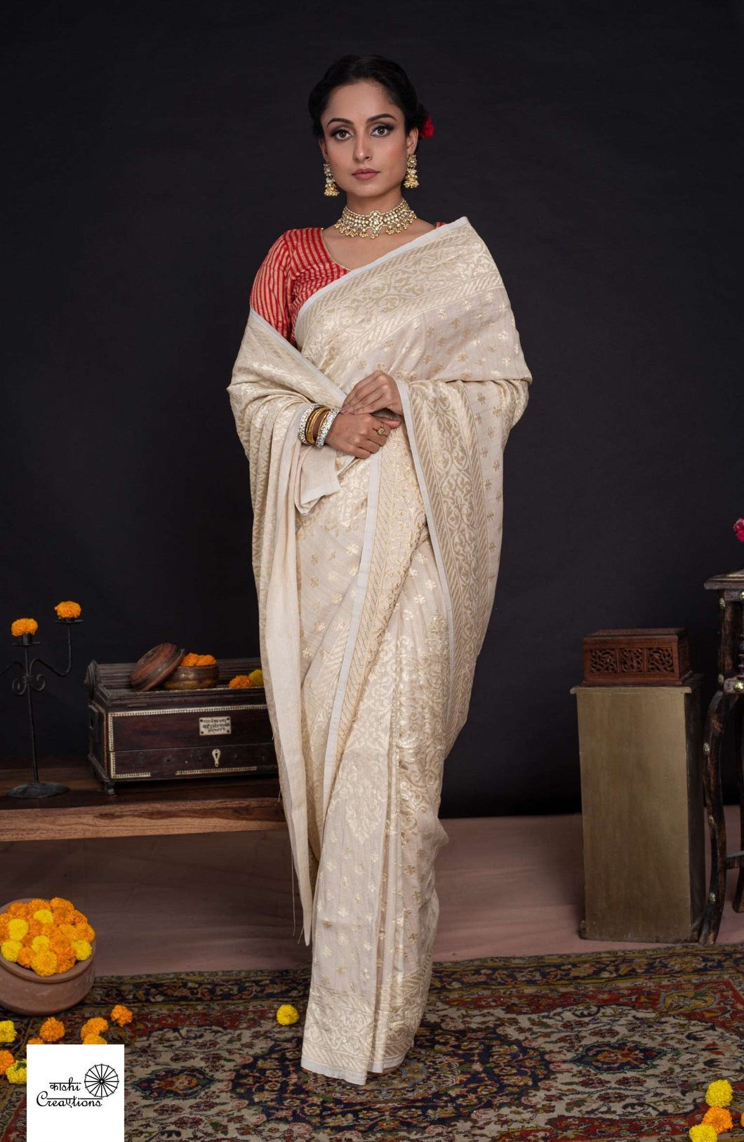 Ivory Golden Pure Tussar Georgette Silk Jungla Cutwork Handloom Banarasi Saree