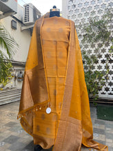 Load image into Gallery viewer, Mustard Yellow Pure Tussar Silk Khadwa Boota Handloom Suit with Pure Kora Silk Khadwa Dupatta
