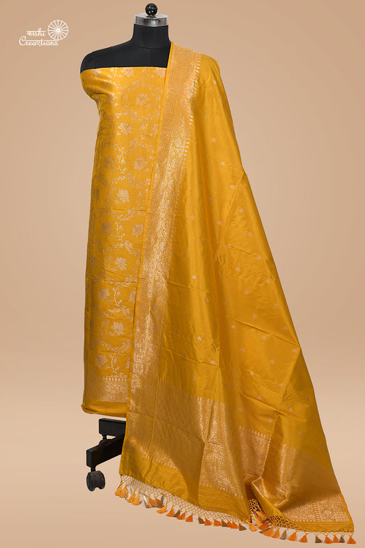 Bright Yellow Pure Katan Silk Jungla Suit Handloom Banarasi Suit Set