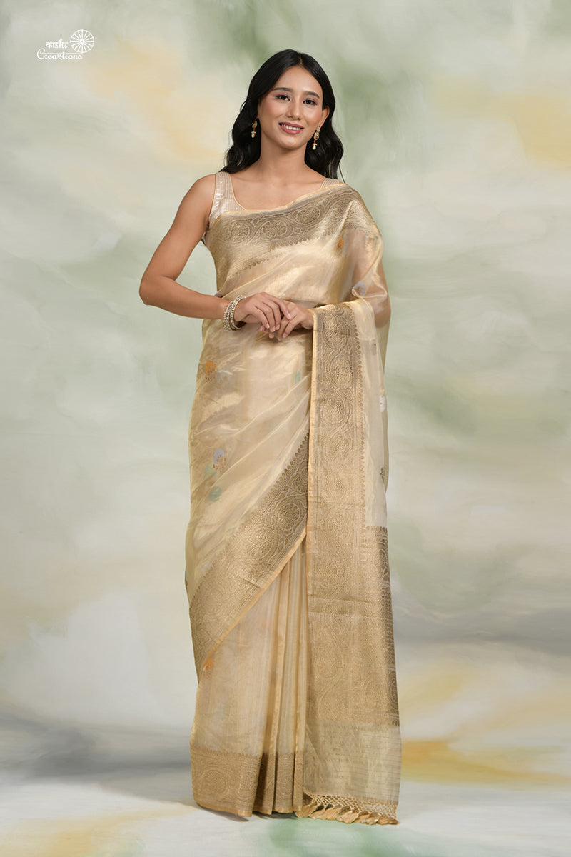 Off White Pure Kora Tissue Handloom Saree with Meenakari