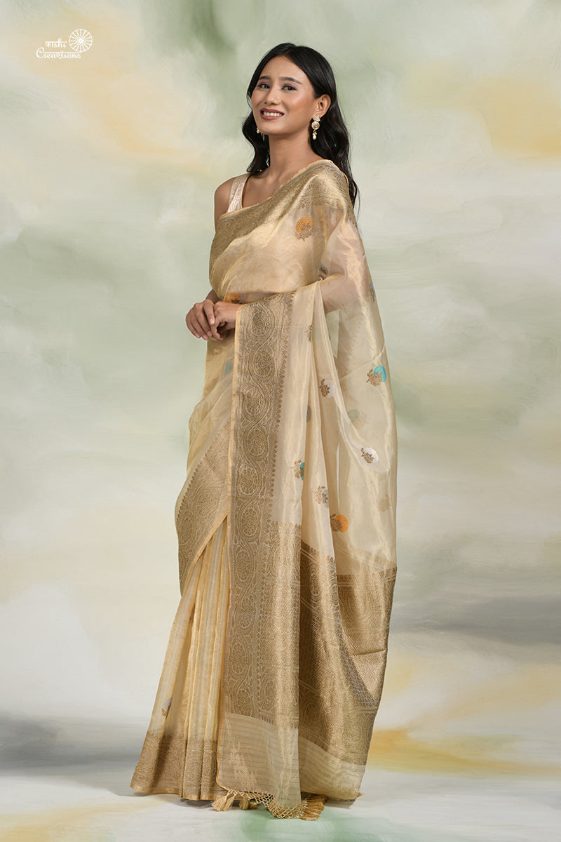 Off White Pure Kora Tissue Handloom Saree with Meenakari