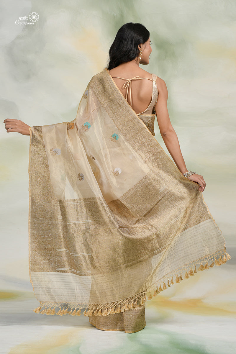 Off White Pure Kora Tissue Handloom Saree with Meenakari