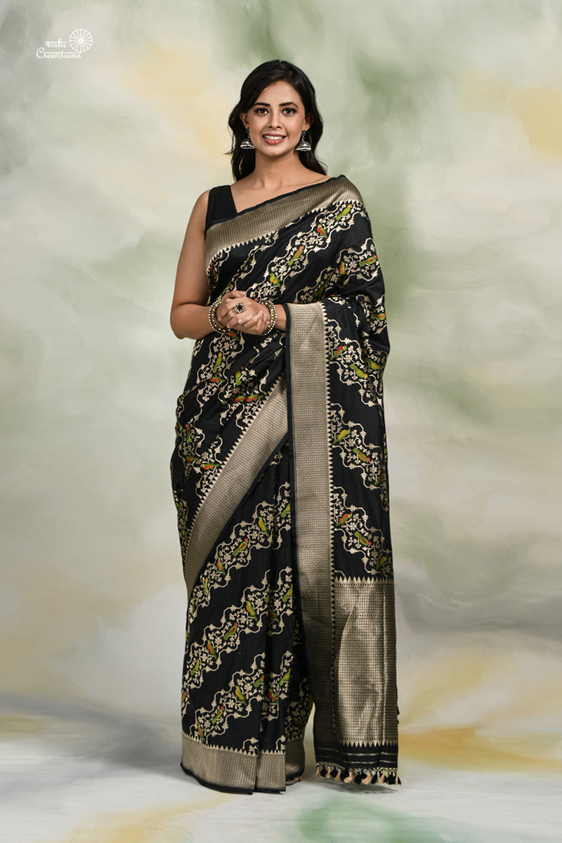 Black Pure Tussar Georgette Handloom Banarasi Paithani Saree