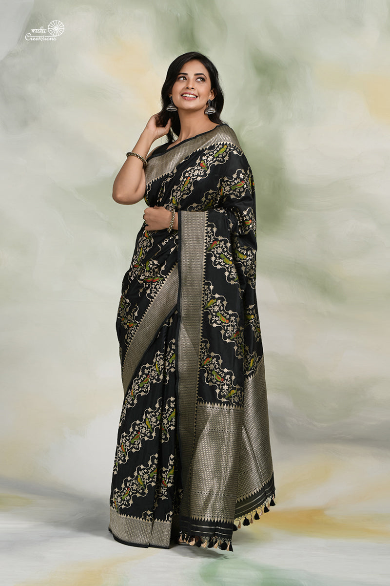 Black Pure Tussar Georgette Handloom Banarasi Paithani Saree