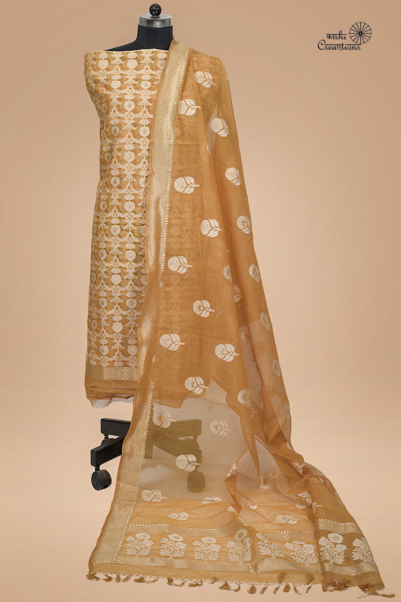 Chestnut Brown Pure Kora Silk Cotton Handloom Banarasi Suit Set