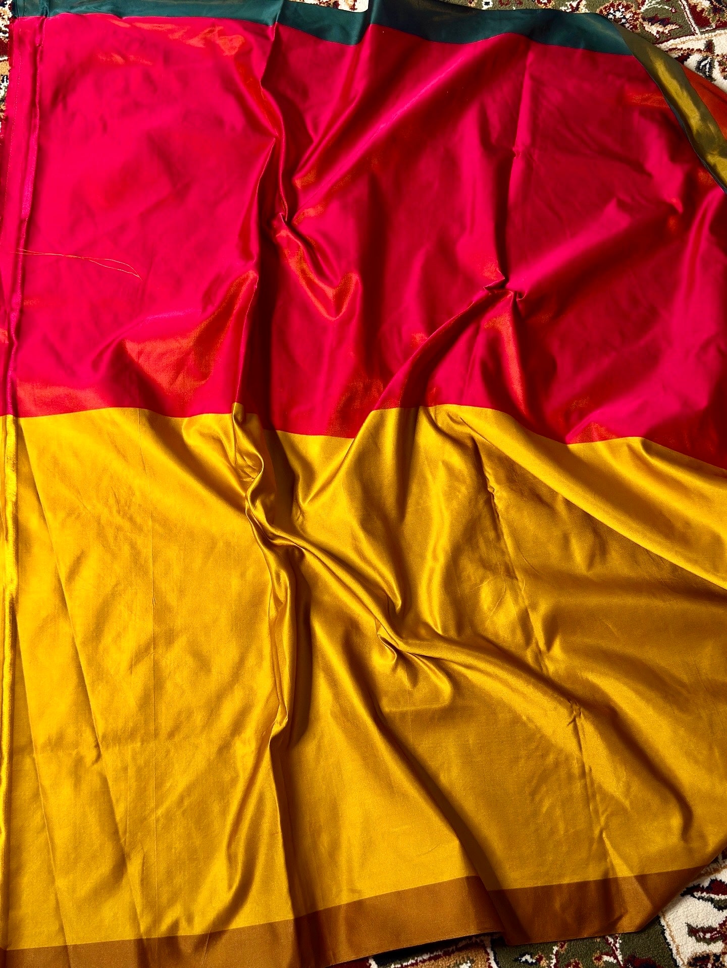 Red and Mustard Yellow Pure Satin Silk Handloom  Banarasi Saree