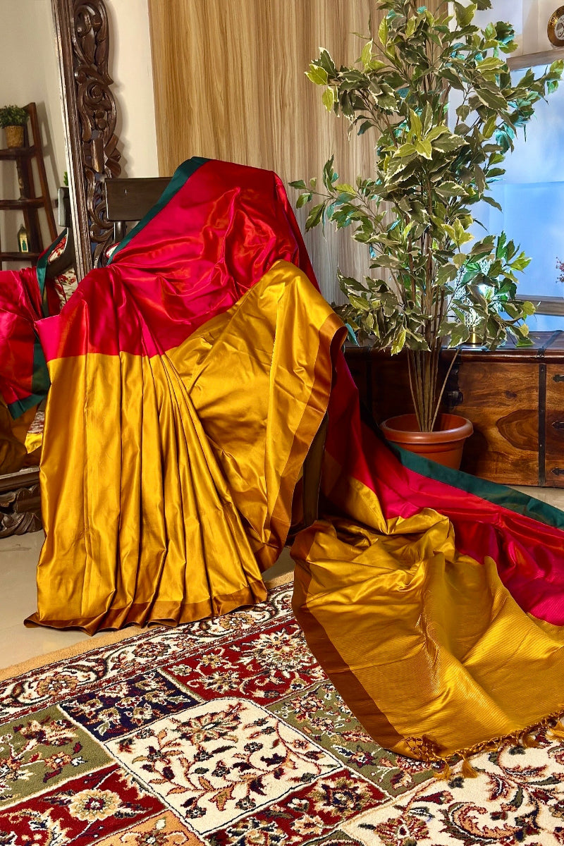 Red and Mustard Yellow Pure Satin Silk Handloom  Banarasi Saree