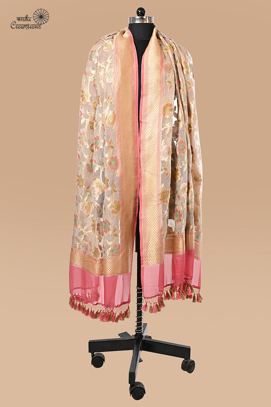 Beige and Lotus Pink Pure Khaddi Georgette Handwoven Banarasi Dupatta