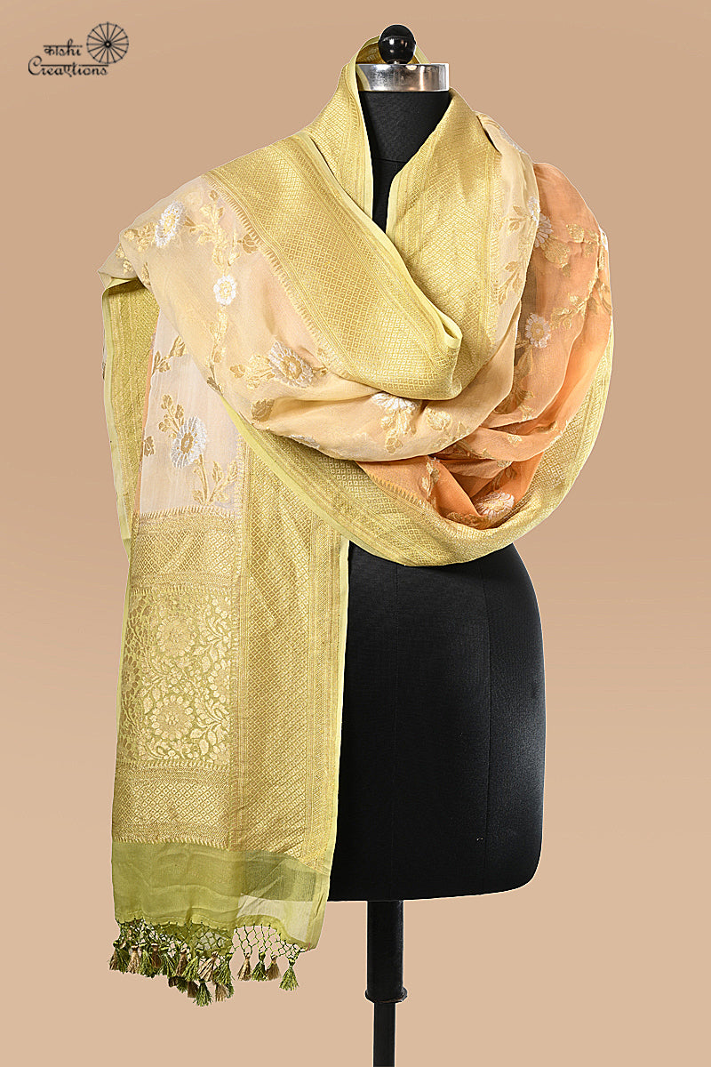 Pista Green and Peach Shaded Pure Khaddi Georgette Handwoven Banarasi Dupatta