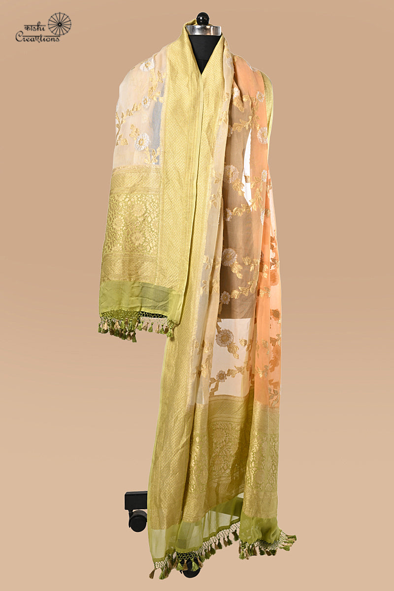 Pista Green and Peach Shaded Pure Khaddi Georgette Handwoven Banarasi Dupatta