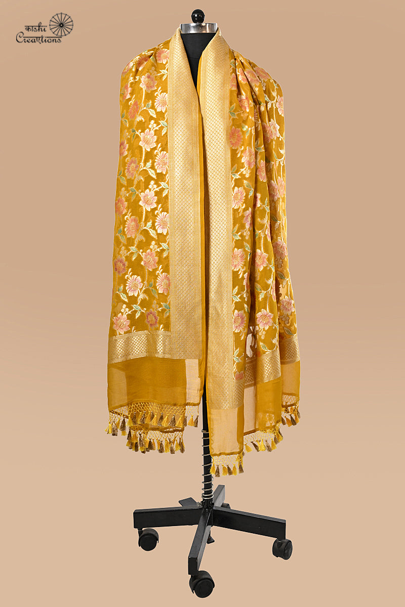 Mustard Yellow Pure Khaddi Georgette Handwoven Banarasi Dupatta