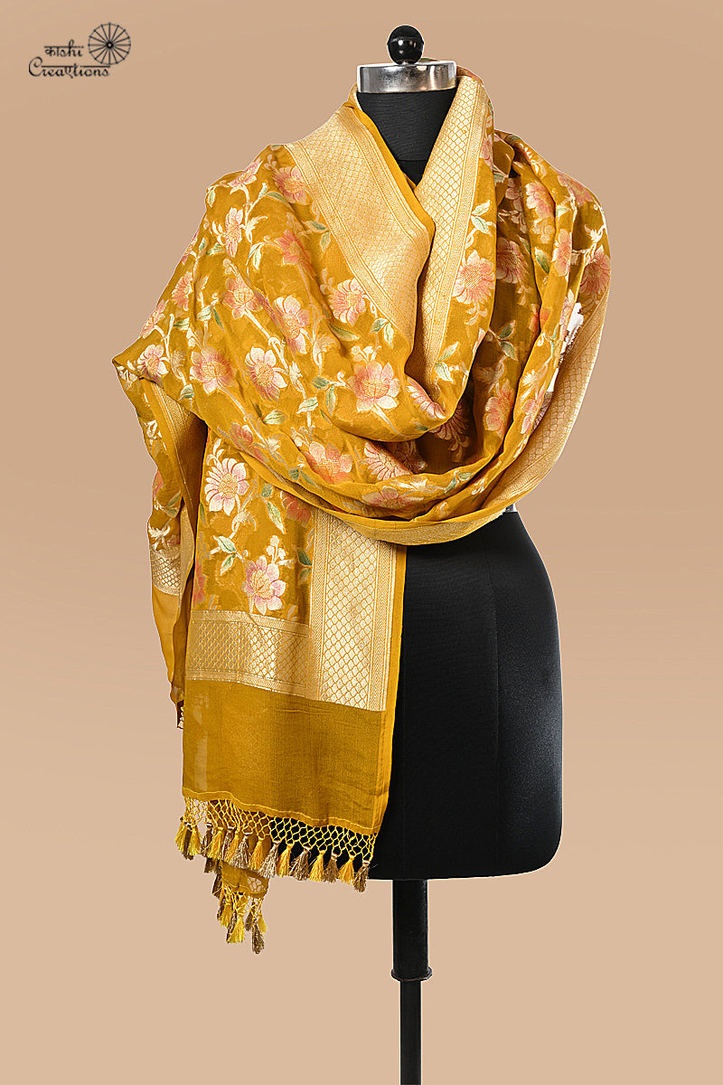 Mustard Yellow Pure Khaddi Georgette Handwoven Banarasi Dupatta